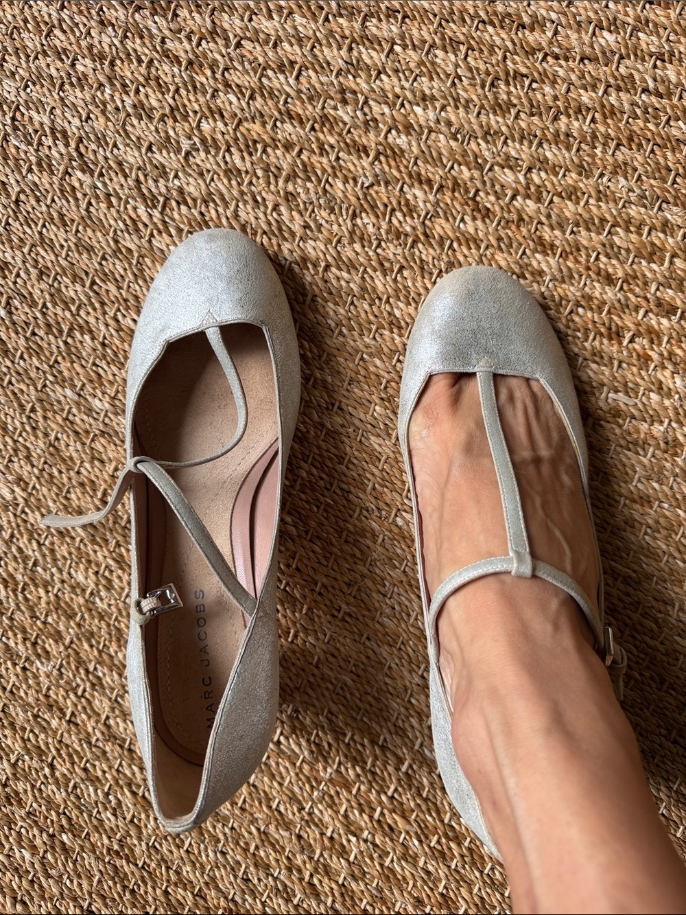 Marc Jacobs silver T-Strap round toe heels, very Loeffler Randall 7.5/8